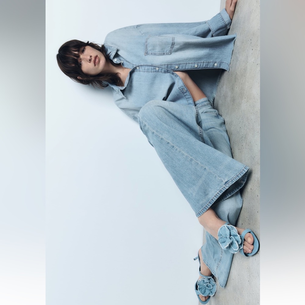 ZARA FLORAL HIGH HEELED DENIM SANDALS